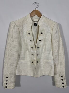 WBZ1 {WHBM} Off White Lace Military Style Cropped Cotton Blazer Suit Coat Jacket